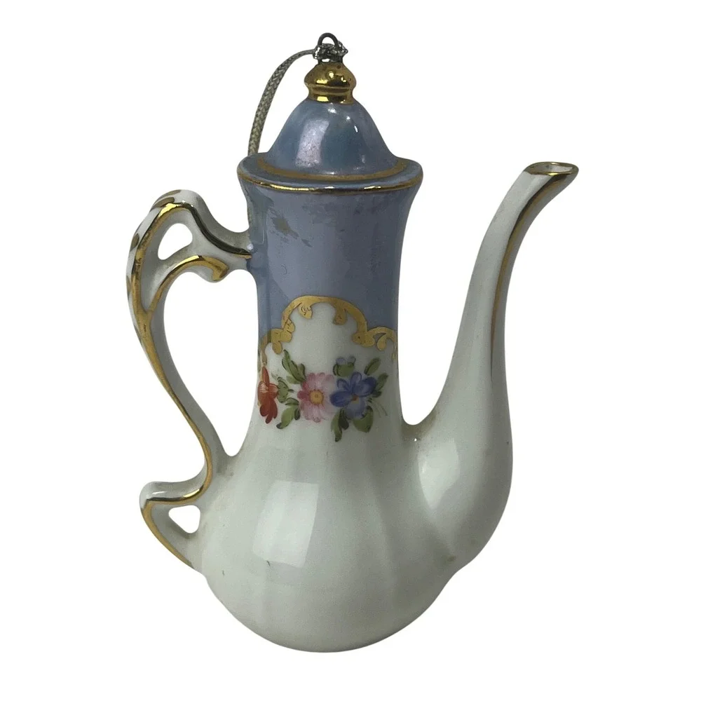 Cracker Barrel‎ Porcelain Miniature Tea Pot Blue White Floral Christmas Ornament